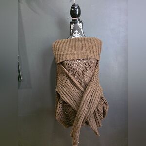 Chocolate Brown Crochet Chore Pockets Oversized Collar Off Shoulder Sweater L